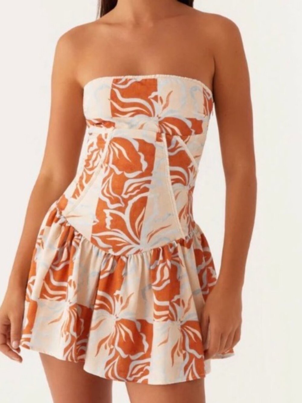 NWT Peppermayo Larnie Linen Mini Dress Orange Blue Floral Size 2